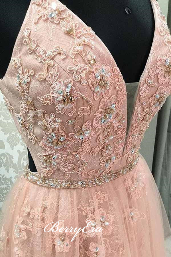 Spaghetti Pink Lace Beaded Prom Dresses, A-line Prom Dresses, Long Prom Dresses