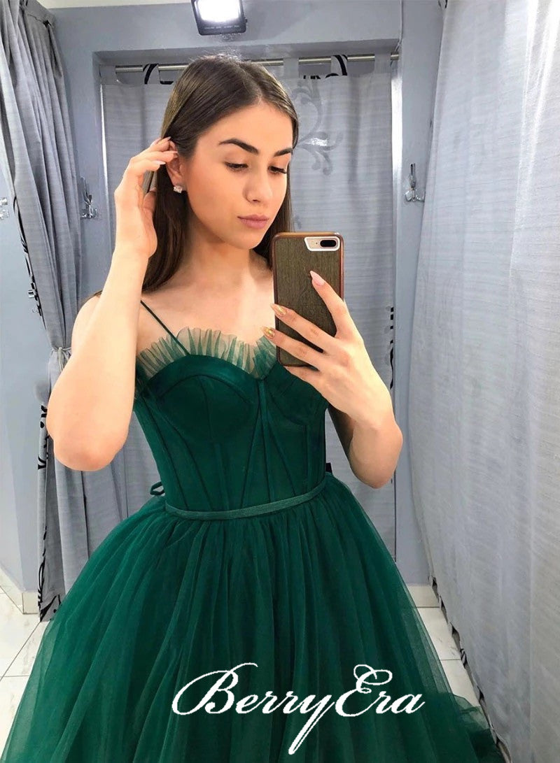 Spaghetti Long A-line Emerald Green Tulle Prom Dresses, Long Prom Dresses, Affordable Prom Dresses