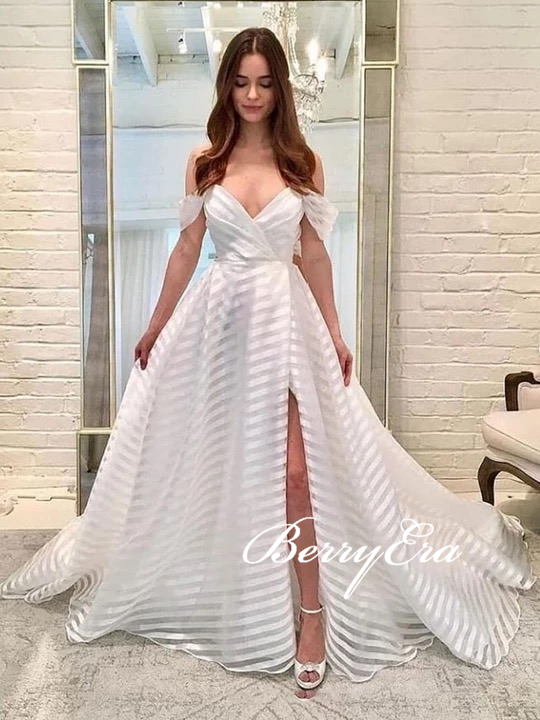 Off Shoulder Long Wedding Dresses, Side Slit Long Bridal Gown, Newest Long Wedding Dresses