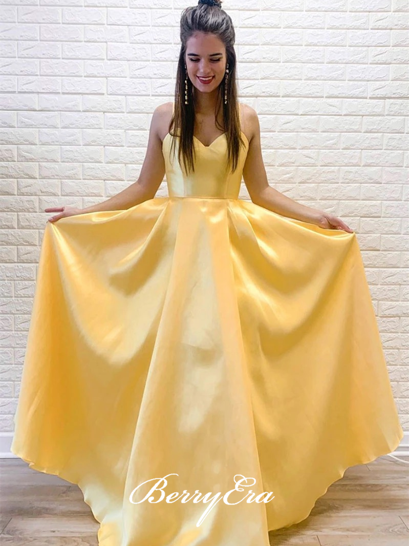 Spaghetti Long A-line Yellow Satin Prom Dresses, Simple Long Prom Dresses, A-line Prom Dresses