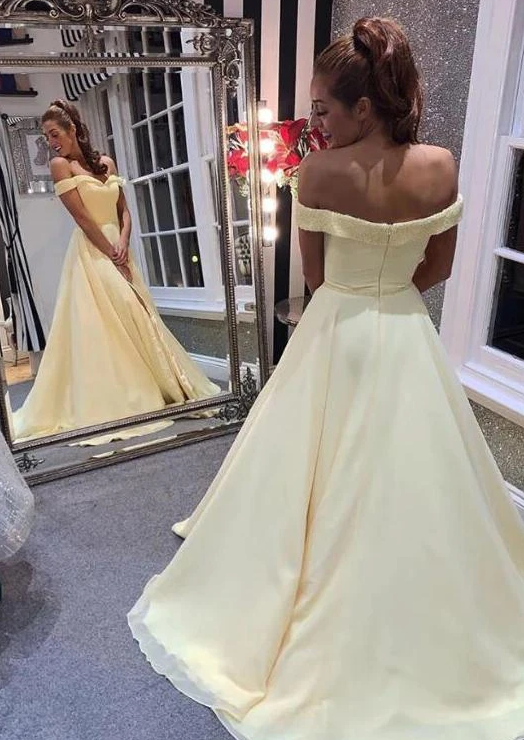 Off Shoulder Long A-line Yellow Chiffon Prom Dresses, Lovely Elegant Prom Dresses, 2020 Prom Dresses