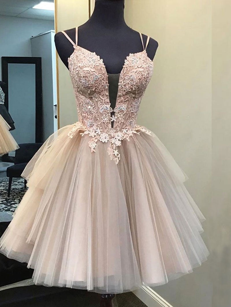 Newest Nude Lace Tulle Homecoming Dresses, Lace Up Homecoming Dresses, Short Prom Dresses