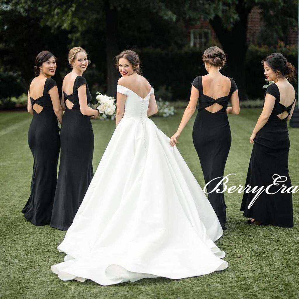 Cap Sleeves Long Mermaid Black Jersey Bridesmaid Dresses, Long Bridesmaid Dresses, Cheap Bridesmaid Dresses