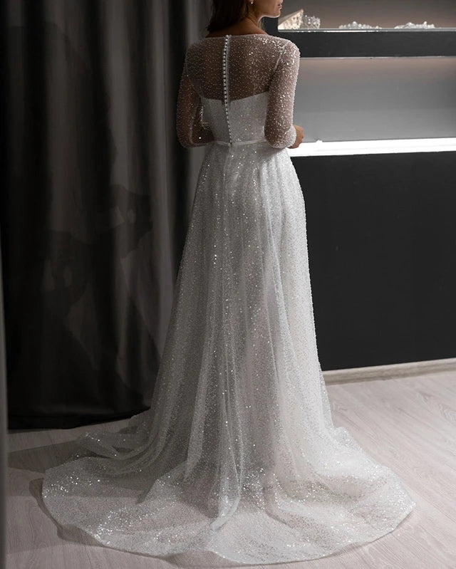 Round Neckling Long Sleeves Sequin Tulle Wedding Dresses, Sparkle Wedding Dresses, 2021 Wedding Dresses