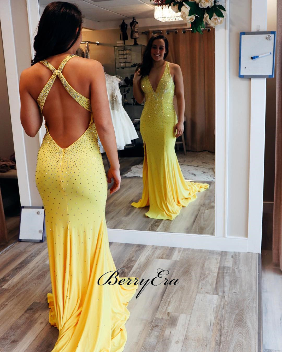 V-neck Long Mermaid Yellow Jersey Beaded Prom Dresses, Newest Prom Dresses