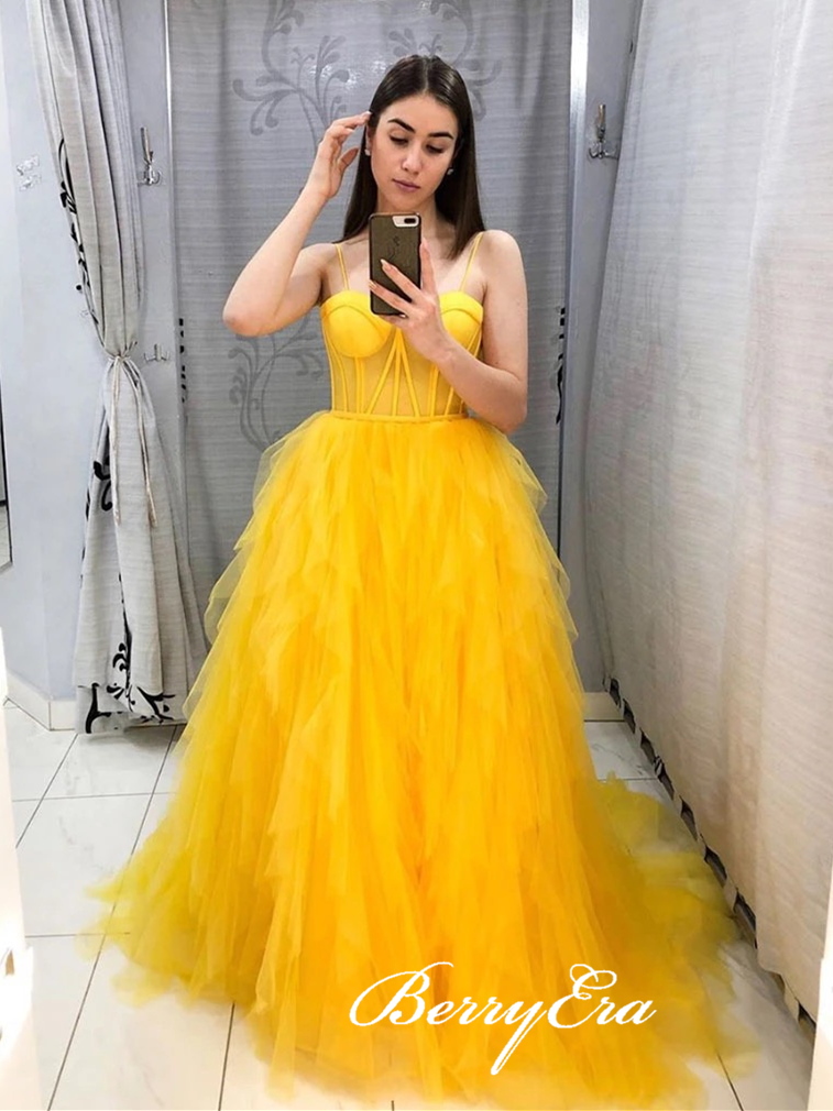 Lovely Long A-line Yellow Tulle Prom Dresses, Spaghetti Long Prom Dresses, Newest 2020 Prom Dresses