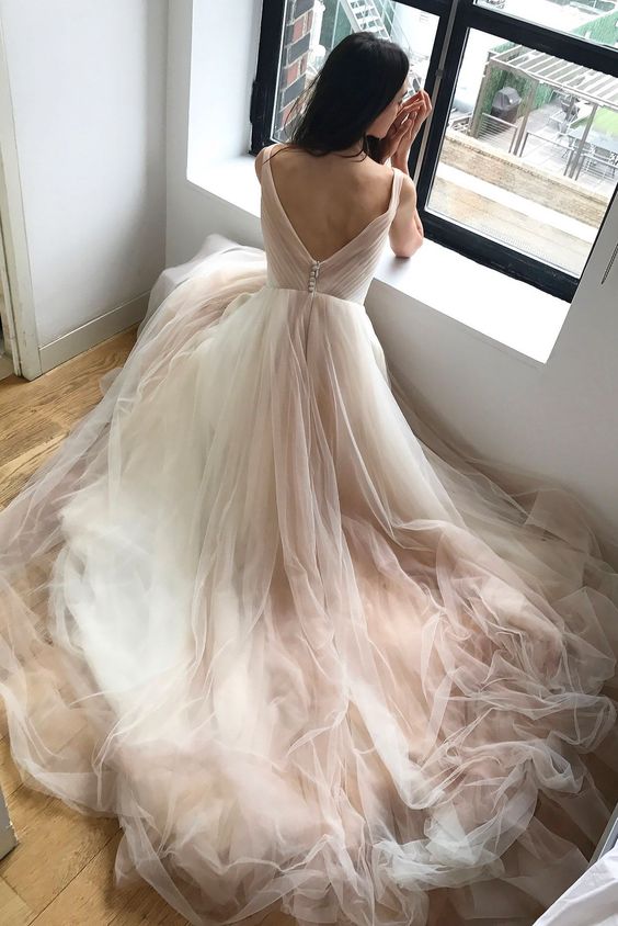 Lovely V-neck Blush Tulle Wedding Dresses, Long Wedding Dresses, New Wedding Dresses