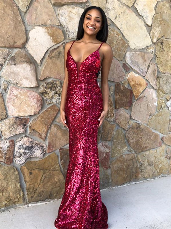 Spaghetti Long Sheath Burgundy Sequin Prom Dresses, Simple Sparkle Prom Dresses, Long Prom Dresses