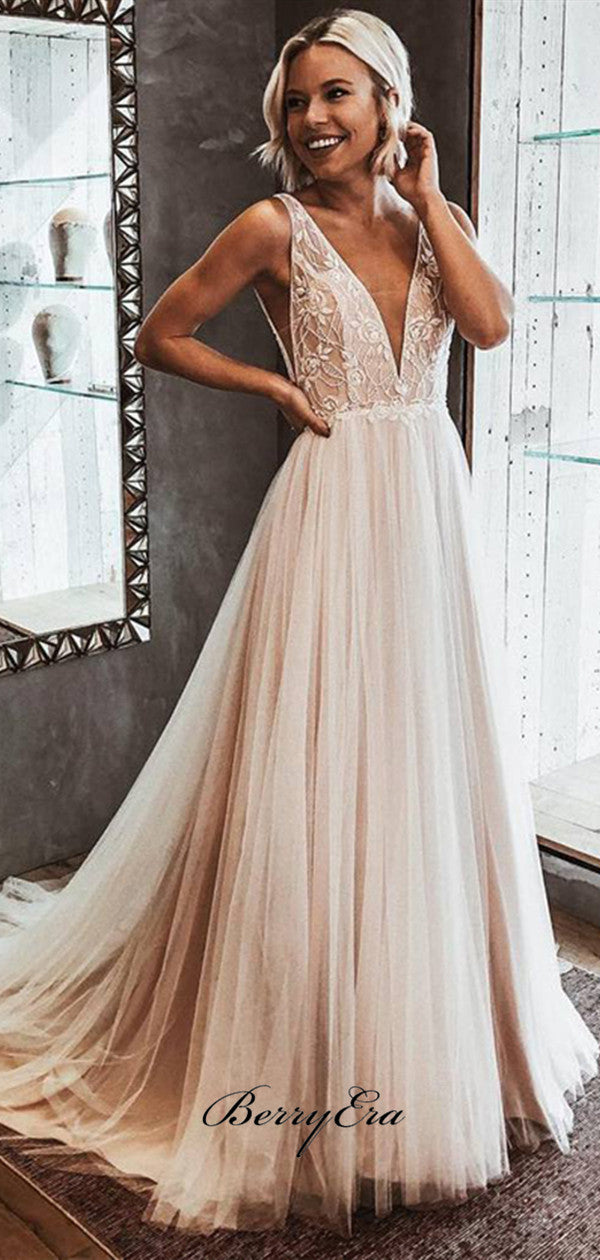 2019 New A-Line V Neck Open Back Ivory Tulle Wedding Dresses, Lace Beach Bridal Gowns