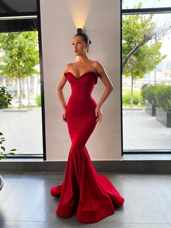 Sweetheart Long Mermaid Red Prom Dresses, Fitted 2021 Prom Dresses, New Arrival Prom Dresses