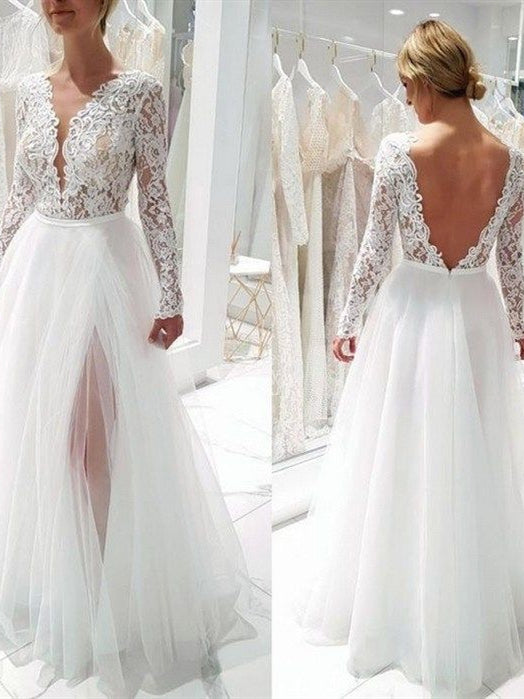 V-neck Long Sleeves Lace Tulle Wedding Dresses, Side Slit Wedding Desses, Newest A-line Wedding Dresses