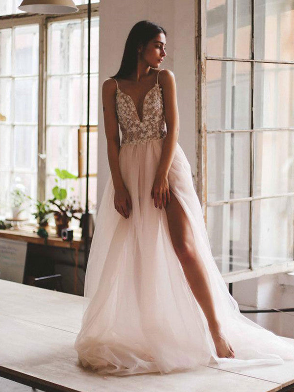 Simple Stars Appliques Tulle Wedding Dresses, High Side Slit A-line Prom Dresses