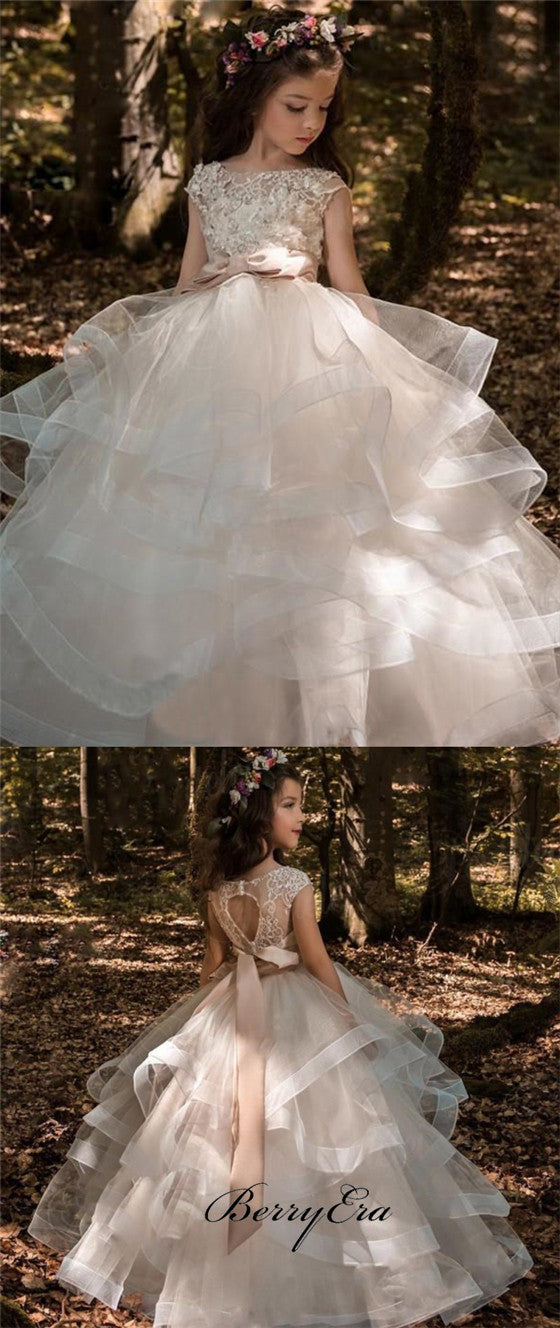 Lovely Lace Top Tulle Ball Gown, Open Back Flower Girl Dresses