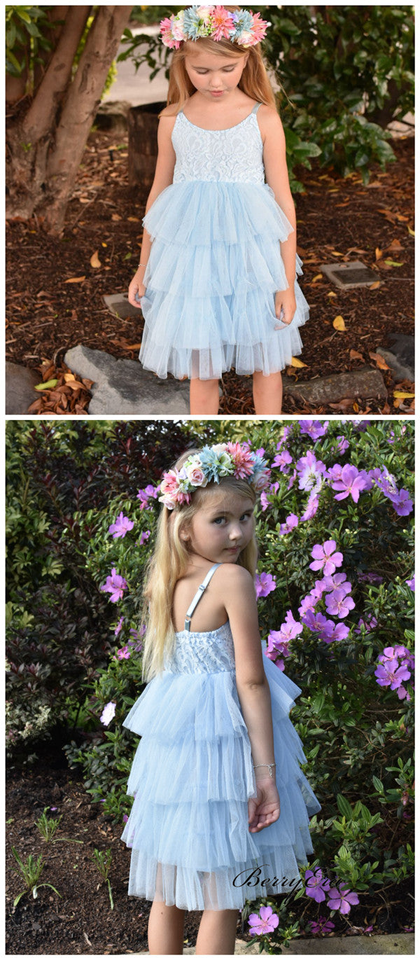 Blue Lovely Lace Flower Girl Dresses, Fluffy Wedding Little Girl Dresses