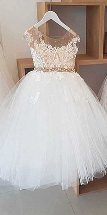 Round Neck Illusion Tulle Lace Flower Girl Dresses, Beaded Flower Girl Dresses, Cute Flower Girl Dresses