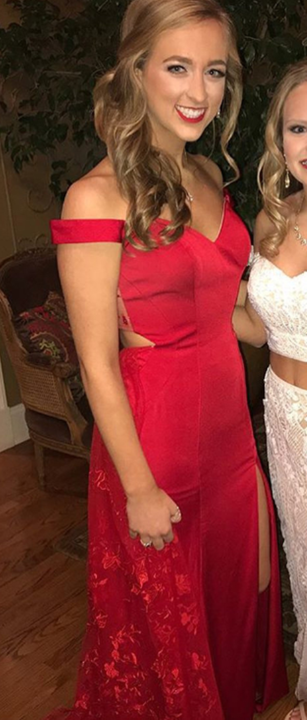 Red Off Shoulder Appliques Prom Dress, Sexy Evening Dress, Lace Long Prom Dresses