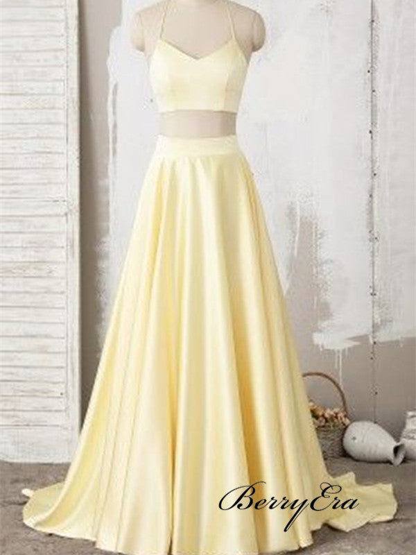 Two Pieces Satin Prom Dresses, Simple Design Prom Dresses, A-line Prom Dresses