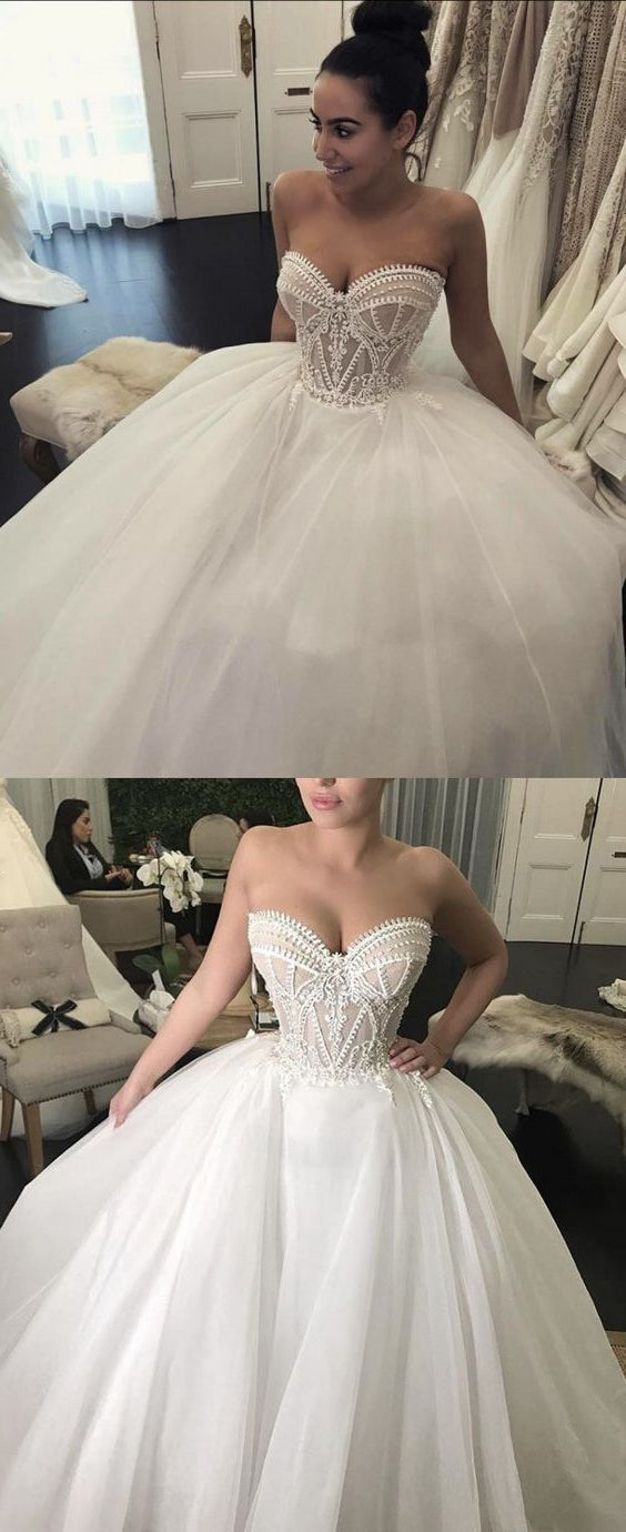 Sweetheart Long A-line Ivory Lace Tulle Wedding Dresses, Long Wedding Dresses, Popular Wedding Dresses