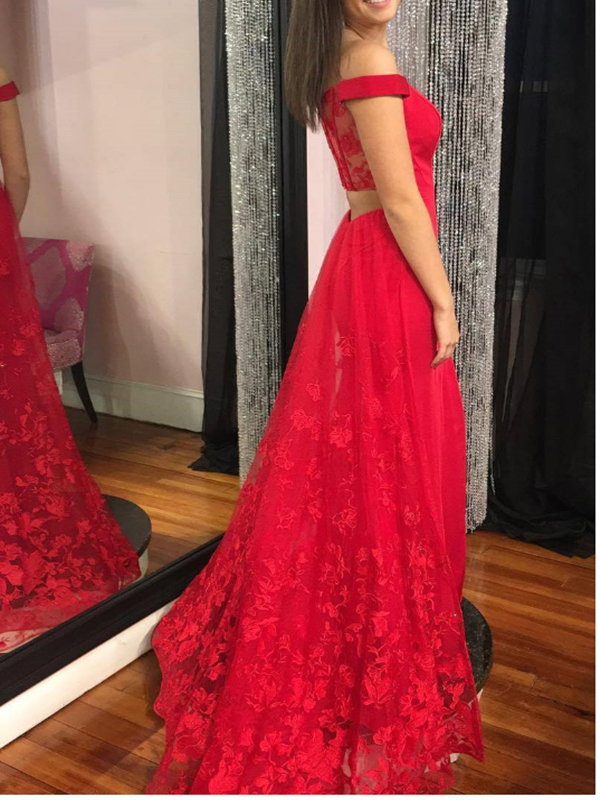 Red Off Shoulder Appliques Prom Dress, Sexy Evening Dress, Lace Long Prom Dresses