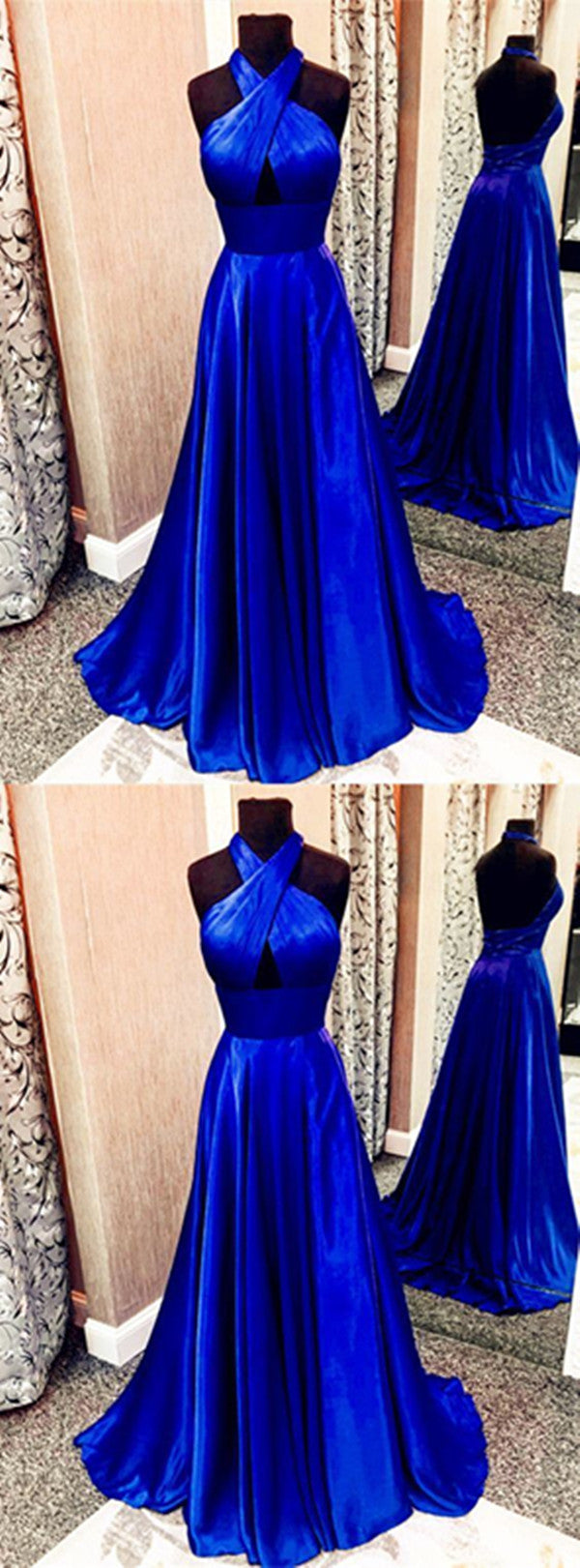 Backless Royal Blue Long A-line Prom Dress, Sexy Evening Party Dress