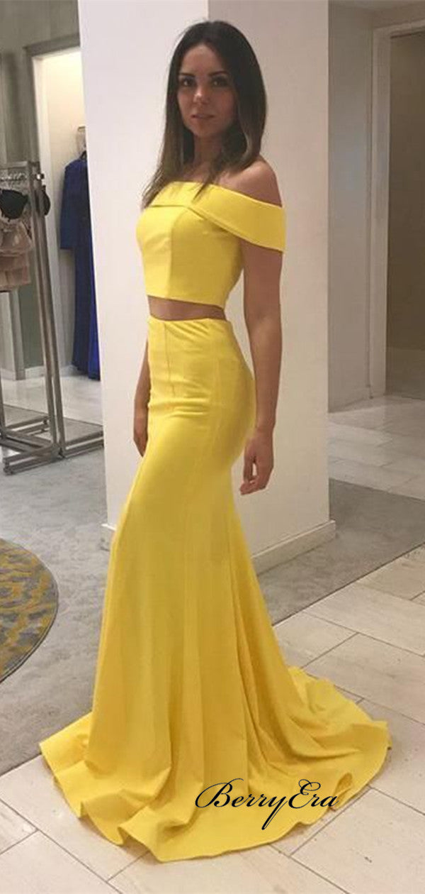 Two Pieces Off The Shoulder Prom Dresses, Yellow Popular Prom Dresses 2019