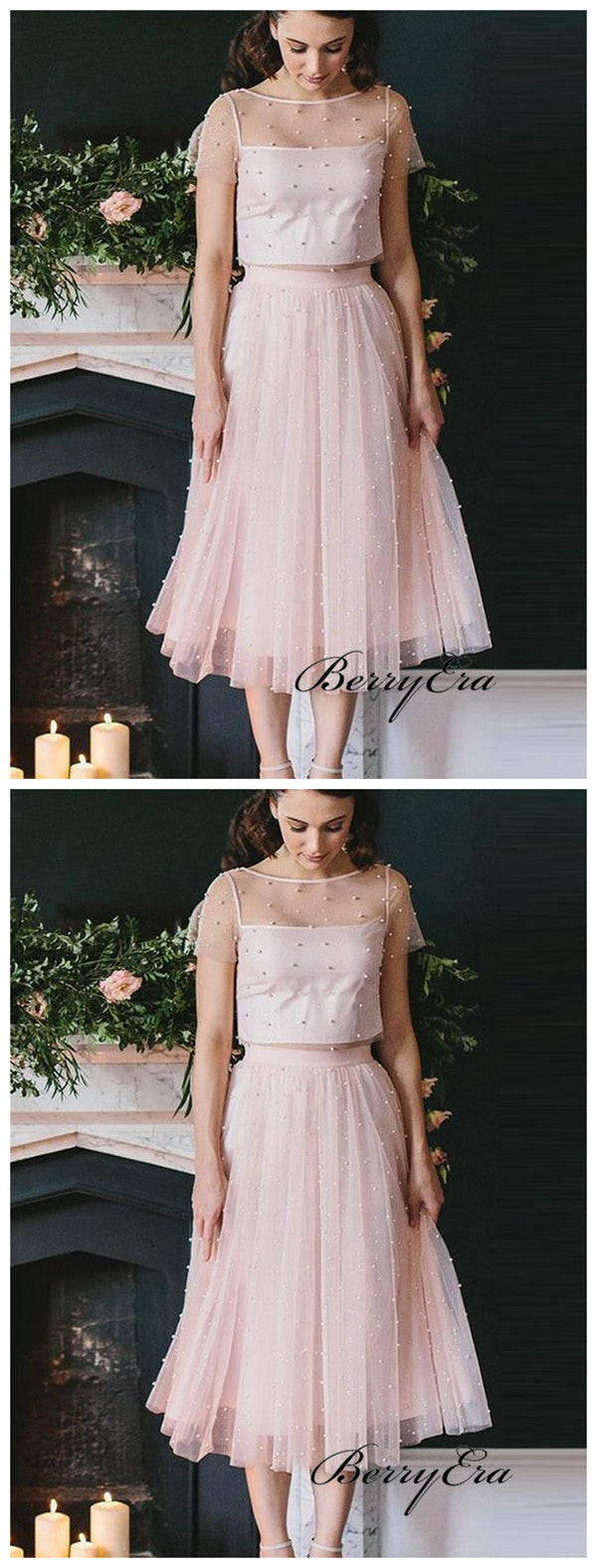 Two Pieces Pink Homecoming Dresses, Beaded Short Prom Dresses