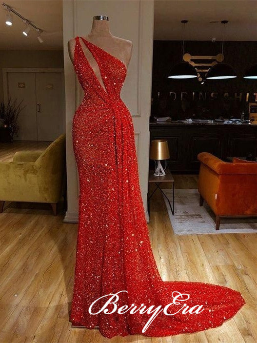 One Shoulder Long Sheath Red Sequin Prom Drsses, Sexy Long Prom Dresses, Long Prom Dreses