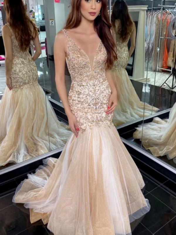 V-neck Quality Beaded Long Prom Dresses, Mermaid Lace Popular 2021 Prom Dresses Long