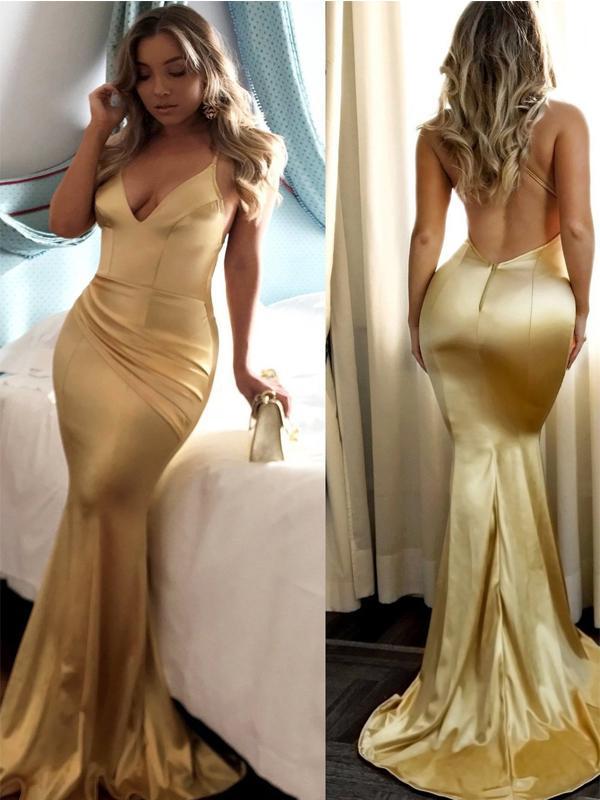 Backless Gold Mermaid Cheap Long Evening Sexy Prom Dresses