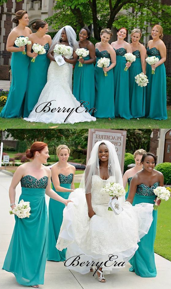 Sweetheart A-line Green Chiffon Lace Bridesmaid Dresses, Long Bridesmaid Dresses