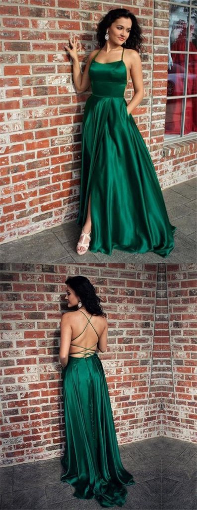 Emerald Green Long Side Slit Prom Dresses