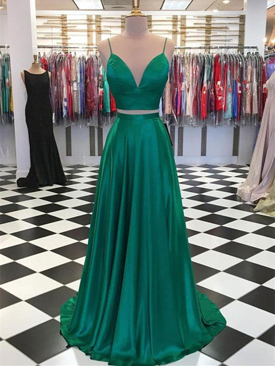 2 Pieces Green Satin Prom Dresses, Simple Lovely Dresses With Bow