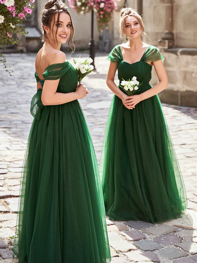Green Off Shoulder Long A-line Tulle Bridesmaid Dresses, A-line Bridesmaid Dresses, Long Bridesmaid Dresses, RC005
