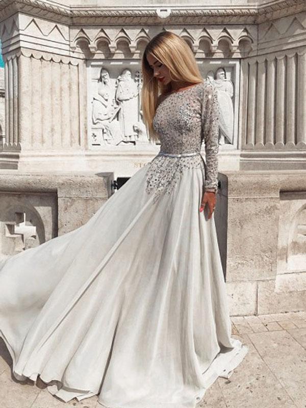 Long Sleeves Gray Beaded A-line Chiffon Prom Dresses