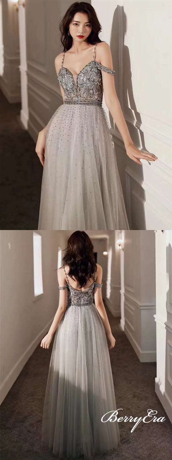Spaghetti Long A-line Grey Beaded Tulle Long Prom Dresses, Popular Prom Dresses
