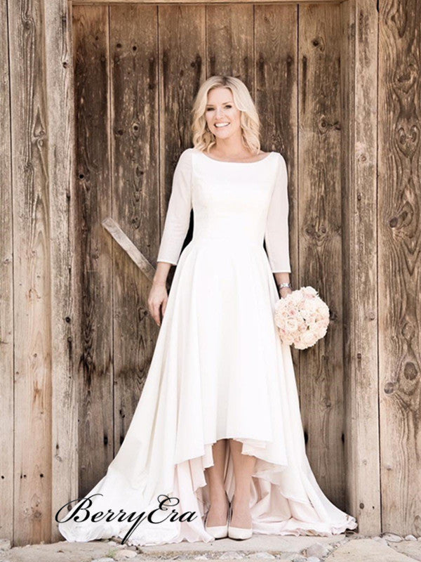 High Low Casual Wedding Dresses with 3/4 Sleeves， Simple Design Wedding Dresses