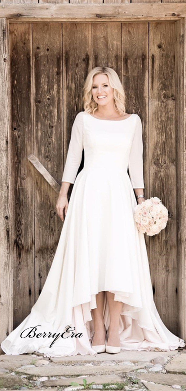 High Low Casual Wedding Dresses with 3/4 Sleeves， Simple Design Wedding Dresses