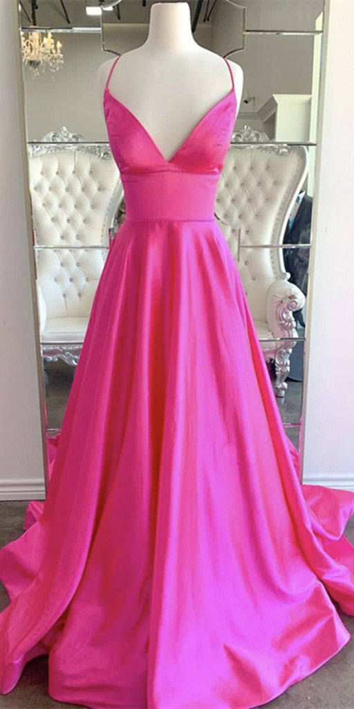 Hot Pink Satin Prom Dresses, A-line Prom Dresses, Simple Prom Dresses, Cheap Prom Dresses, 2021 Prom Dresses