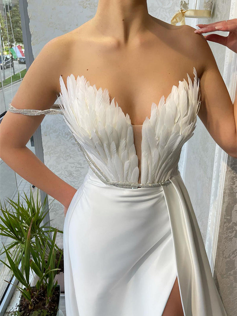Unique Feather Top Sheath Prom Dresses, Side Slit Prom Dresses, 2023 Prom Dresses