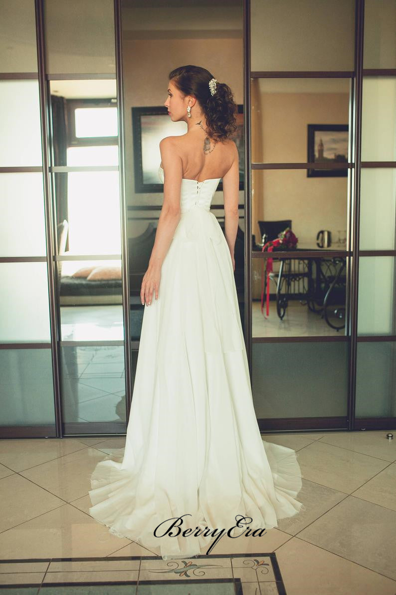 Sweetheart Long A-line Ivory Chiffon Beaded Wedding Dresses