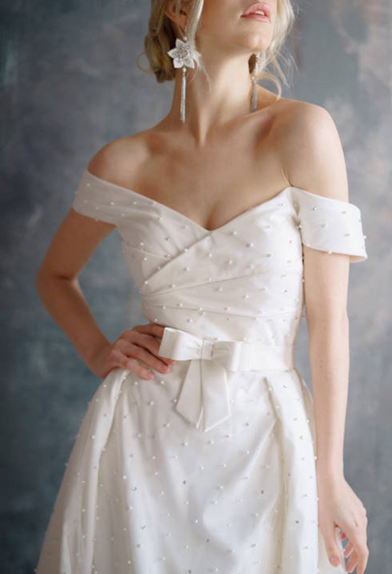 Off Shoulder Long A-line Ivory Satin Beaded Wedding Dresses, Elegant Long Wedding Dresses, Bridal Gown