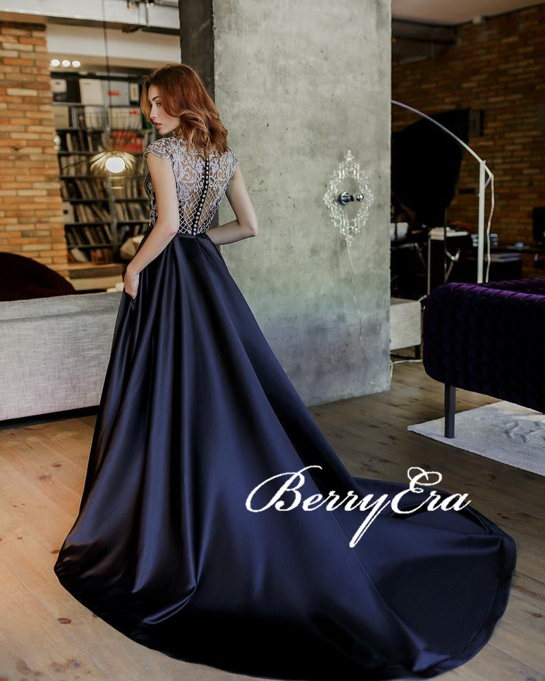 Cap Sleeves Lace Satin Prom Dresses, A-line Prom Dresses, 2020 Prom Dresses, Newest Prom Dresses