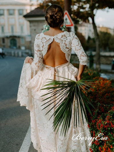Half Sleeves A-line Lace Wedding Dresses, Open Back Wedding Dresses