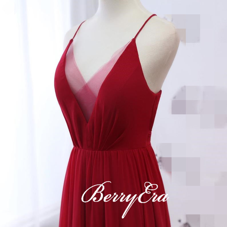 Red Chiffon Long A-line Bridesmaid Dresses, Popular Bridesmaid Dresses