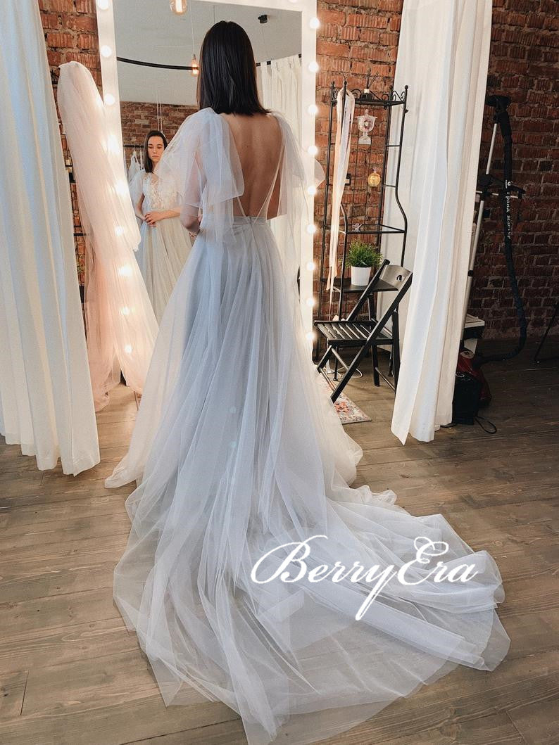 Lace Top Light Grey Tulle Wedding Dresses, V-back Wedding Dresses, Long A-line Wedding Dresses