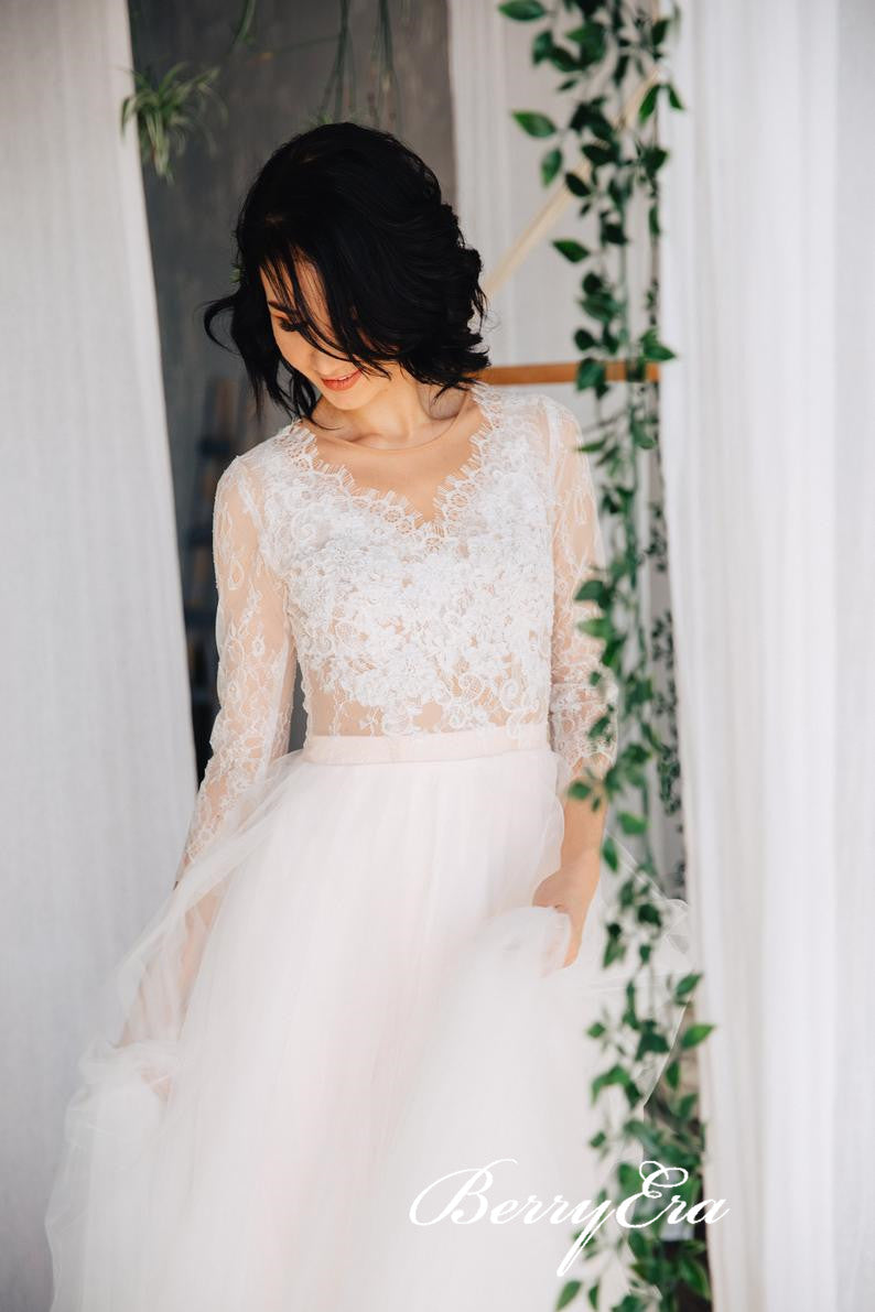 V-neck Lace Top A-line Tulle Wedding Dresses, Country Wedding Dresses, Long Bridal Gown