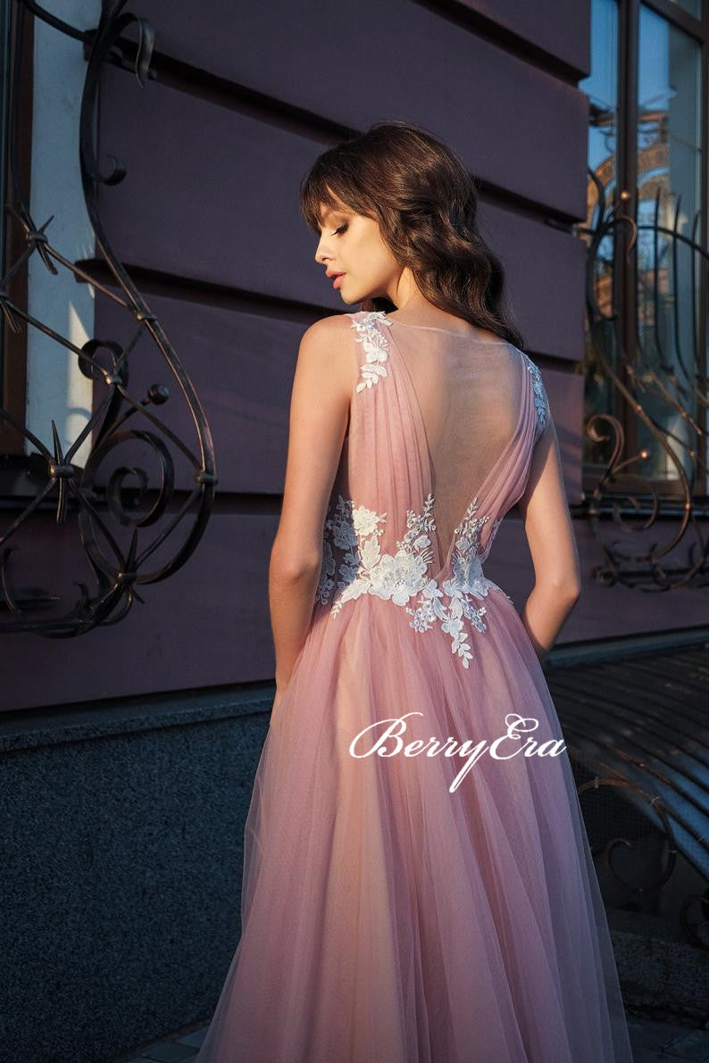 Pink Tulle A-line Lace Appliques Prom Dresses, Long Prom Dresses, Elegant Long Prom Dresses