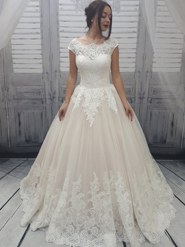 Round Neck Long A-line Lace Tulle Wedding Dresses, Illusion Wedding Dresses, Lovely Lace Wedding Dresses