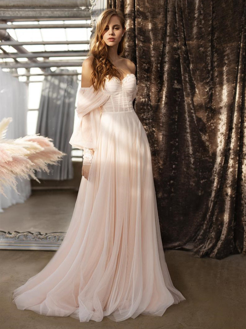 Off Shoulder Blush Pink Boho Wedding Dresses, A-line Wedding Dresses, 2021 Wedding Dresses