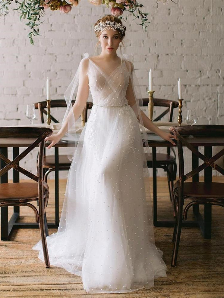 Boho Pearls Ivory Wedding Dresses, Elegant Wedding Gown, Affordable Wedding Dresses, A-line Wedding Dresses, 2021 Wedding Dresses